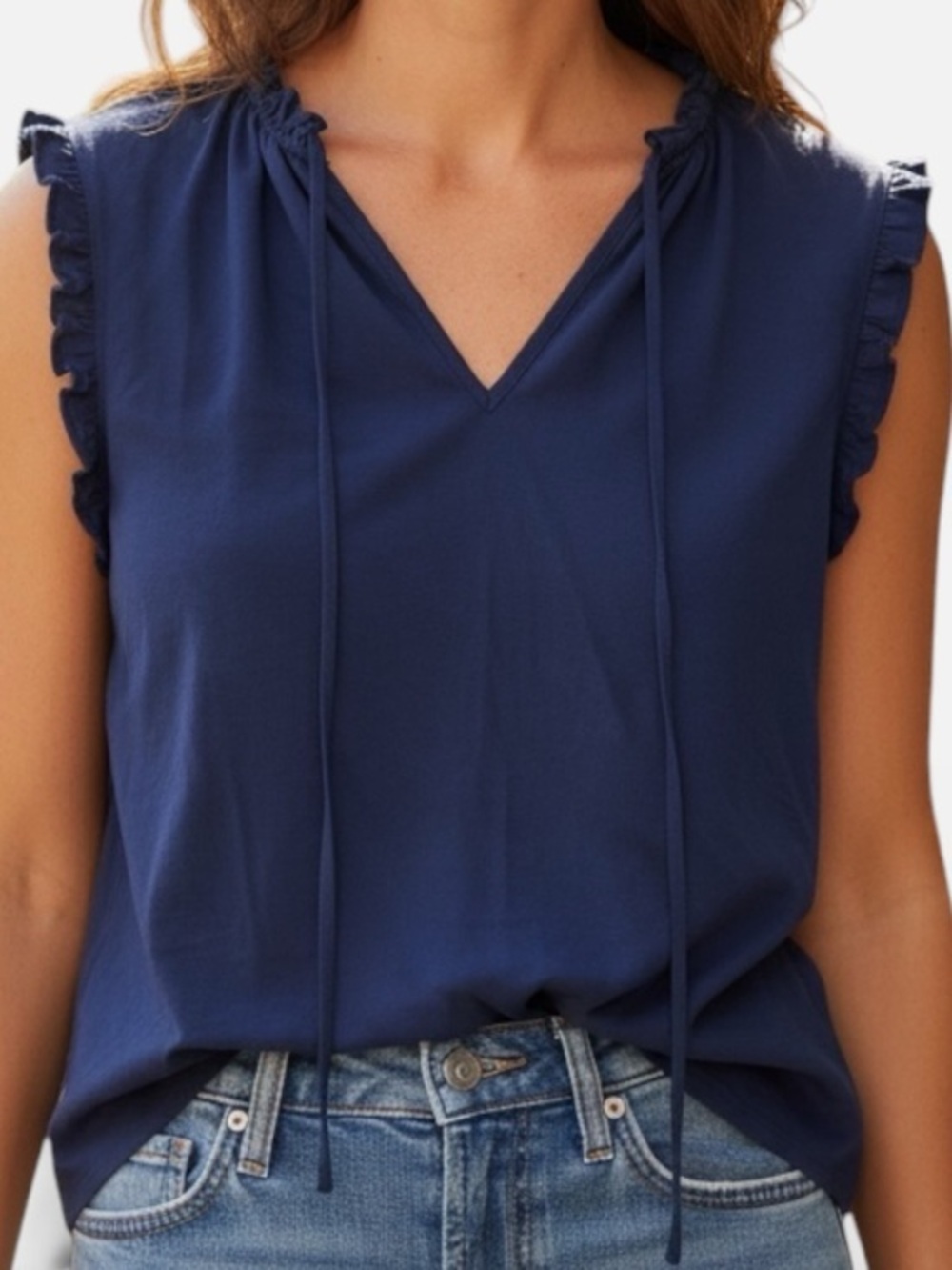 Tory Burch Blue Sleeveless Top with Ruffle Details, navy blue, v neck with ties